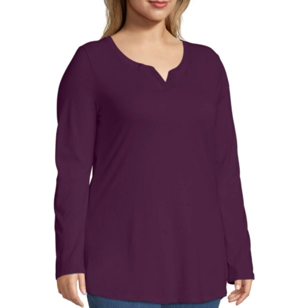 Just My Size Women's Relaxed Plus Size Long Sleeve Split Neck Tunic/Tee Purple